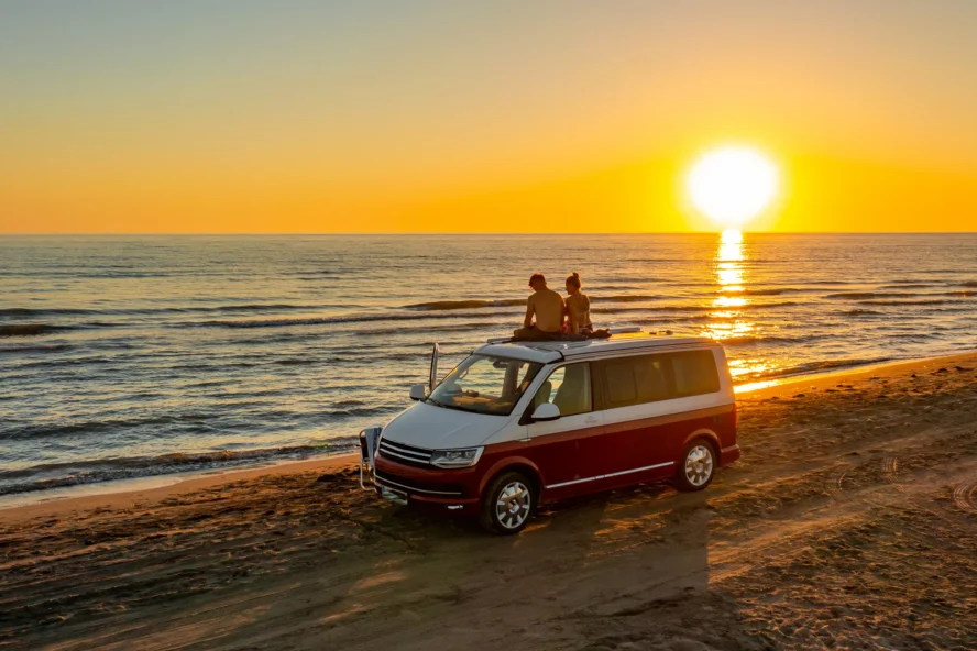 A scenic beach setting and custom vw campervan
